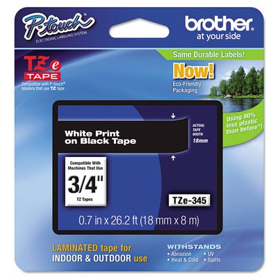 Brother 3/4 Inch x 26.2 Feet White on Black for P-Touch (TZ345)