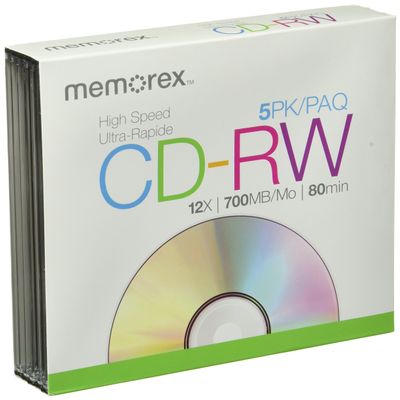 Memorex 32020022409 8x-12x CD-RW Media (5-Pack with Slim Jewel Cases)
