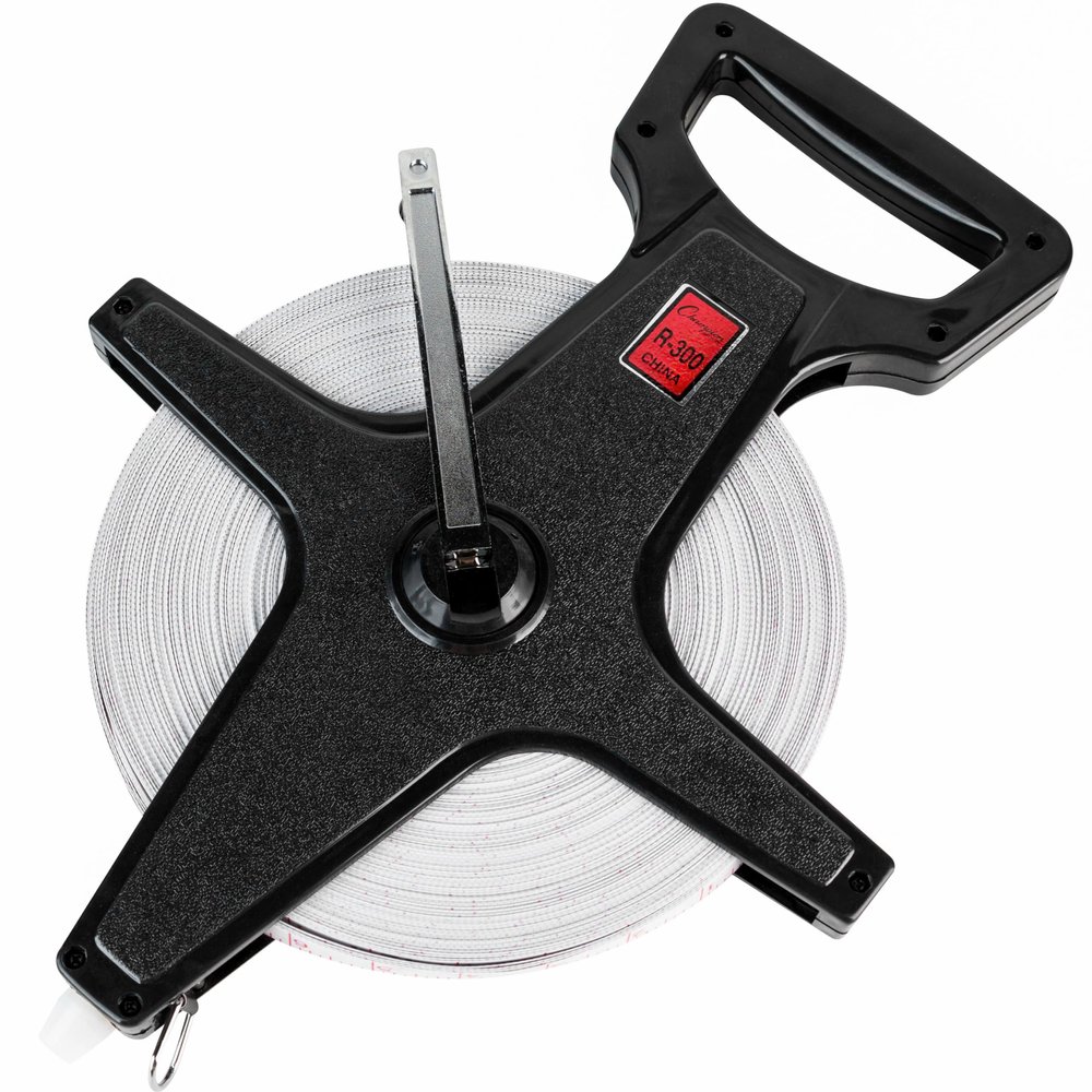Champion Sports Open Reel Measuring Tapes Durable Hand Crank with Metal Spike, Dual-Sided Feet & Meters, Perfect for Track & Field and Long Jump, 300 Feet/90 Meters