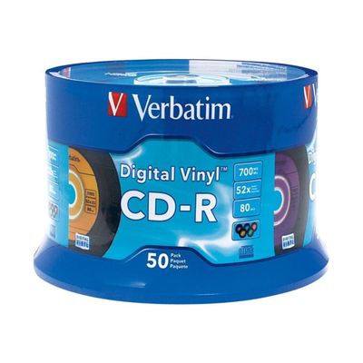 Verbatim CD-R Blank Discs 700MB 80min 52X Recordable Disc for Data and Music with Digital Vinyl Surface - 50pk Spindle Blue/Green/Orange/Pink/Purple