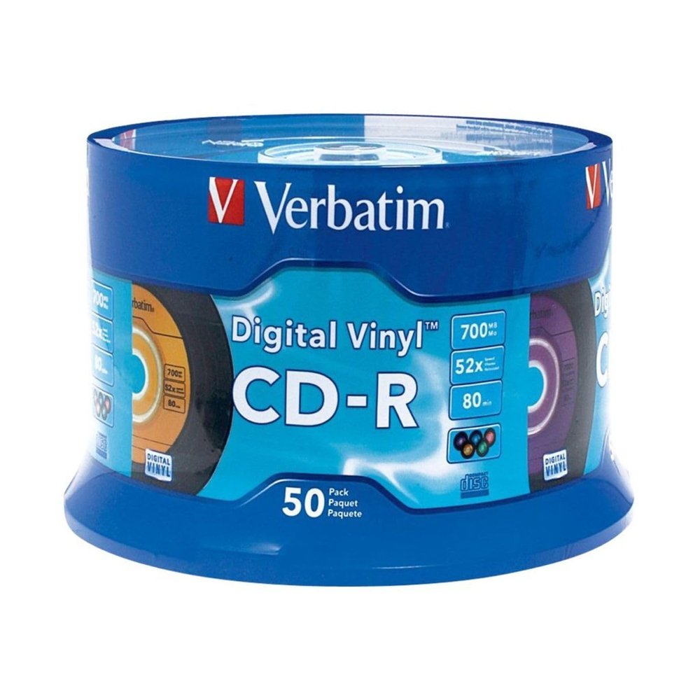 Verbatim CD-R Blank Discs 700MB 80min 52X Recordable Disc for Data and Music with Digital Vinyl Surface - 50pk Spindle Blue/Green/Orange/Pink/Purple