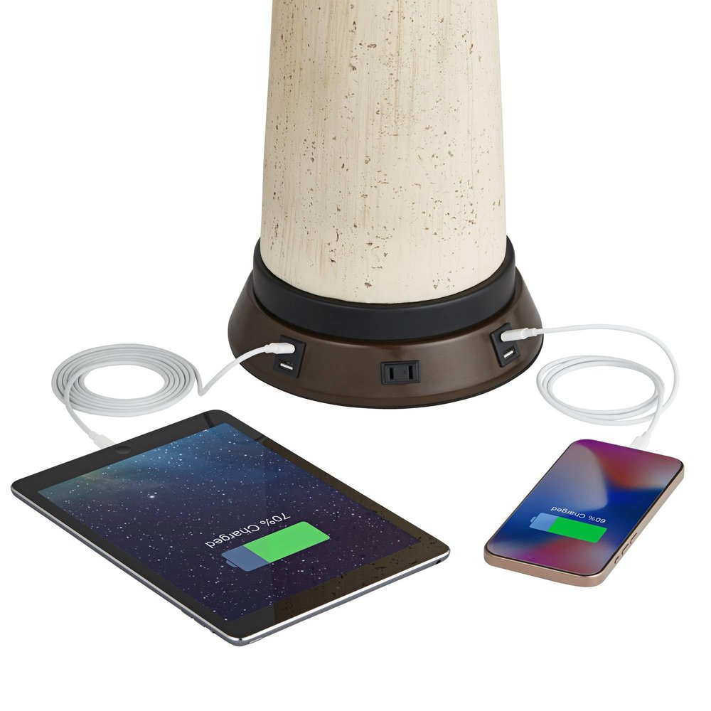 1 3/4" High Universal Charging Workstation Lamp Base with USB Ports A+C and AC Power Outlet Brown Bronze Finish Metal Shade Living Room Bedroom Bedside Nightstand House Office Home