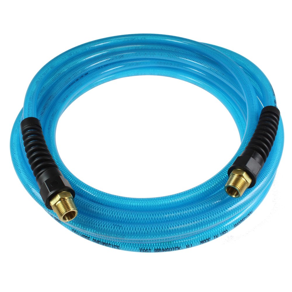 Coilhose Pneumatics PFE60254T Flexeel Reinforced Polyurethane Air Hose, 3/8-Inch ID, 25-Foot Length with (2) 1/4-Inch MPT Reusable Strain Relief Fittings, Transparent Blue