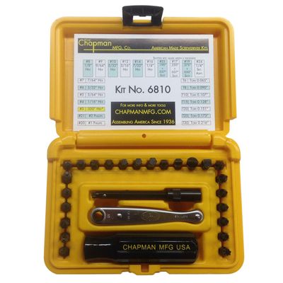 Chapman MFG 6810 Standard +Star Screwdriver Set - 27 Pieces - Includes Standard Allen Hex, Star, Phillips & Slotted Bits, Complete Set Offers 24 USA Made Insert Bits (Yellow Hard Case)