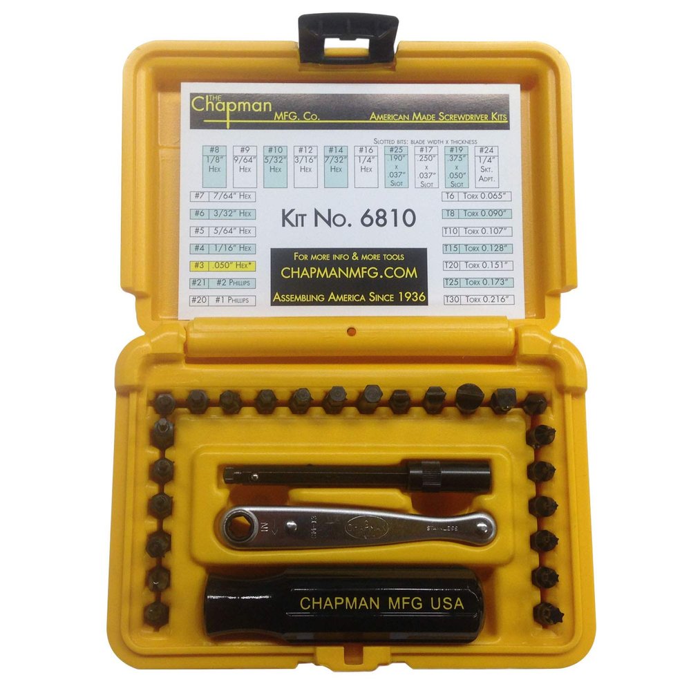 Chapman MFG 6810 Standard +Star Screwdriver Set - 27 Pieces - Includes Standard Allen Hex, Star, Phillips & Slotted Bits, Complete Set Offers 24 USA Made Insert Bits (Yellow Hard Case)