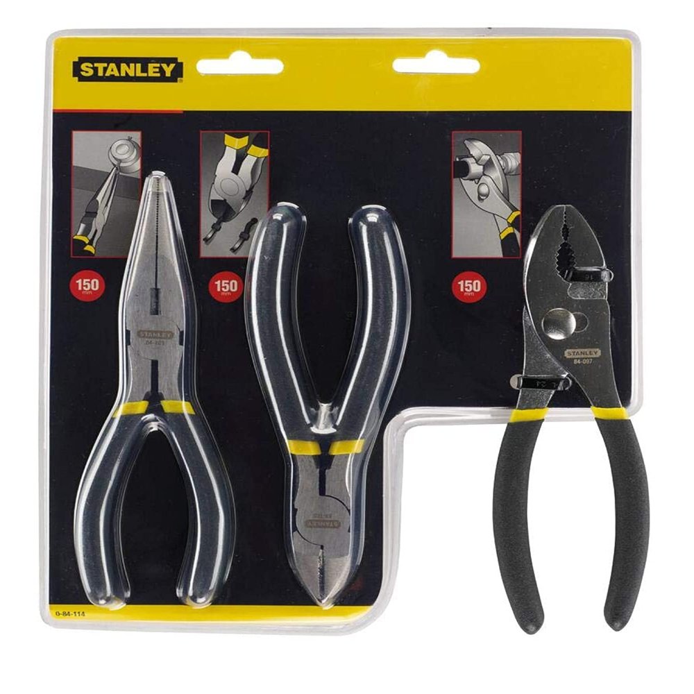 Stanley 3-Piece Basic Plier Set - Forged Steel, Chrome-Nickel Steel - Double Dipped Handle, Rust Resistant, Comfortable Grip, Machined Jaws