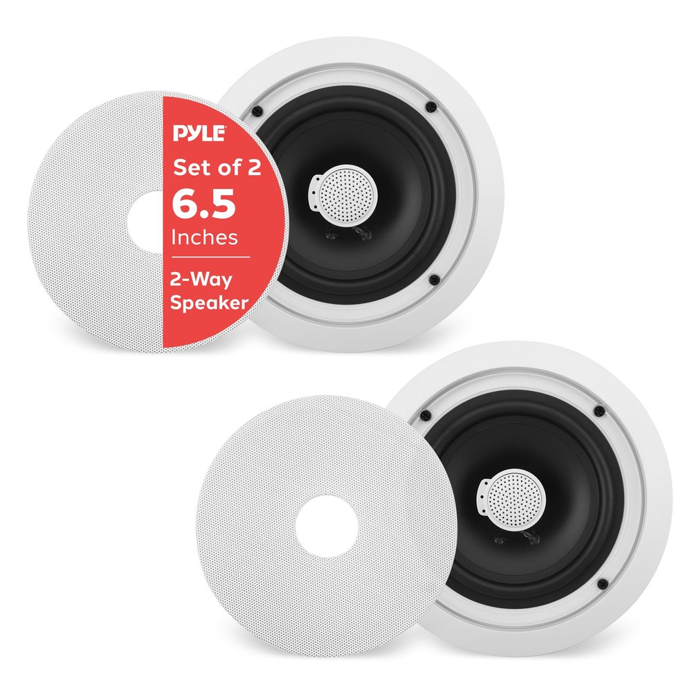 Pyle 6.5'' In-Wall/In-Ceiling Midbass Speakers (Pair) - 2-Way Woofer Speaker System Directable 1 Titanium Dome Tweeter Flush Mount Design w/ 65Hz - 22kHz Frequency Response 250 Watts Peak - PDIC60
