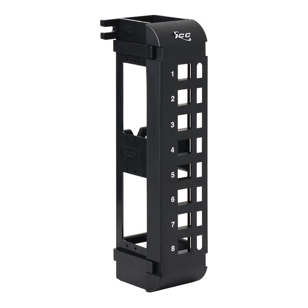 ICC 8 Port Blank Keystone Patch Panel with 89U Wall Mount Bracket, Works with Wide and Slim Profile Keystone Jacks (Sold Separately), UL Listed, Black, IC107BP8VB