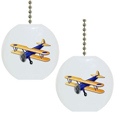Set of 2 Blue Airplane Biplane (not plane shaped) Solid Ceramic Fan Pulls