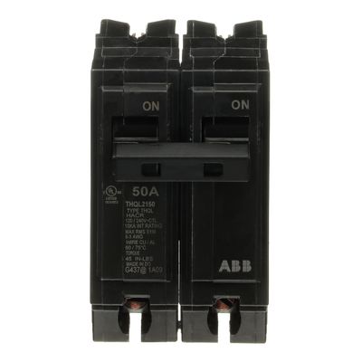 ABB Q-Line THQL2150 50A Circuit Breaker 50 Amp Double Pole Breaker, 120/240 VAC, 10 kAIC Thermal Magnetic Trip Long-Time & Instantaneous Protection (LI) Plug-in Mount