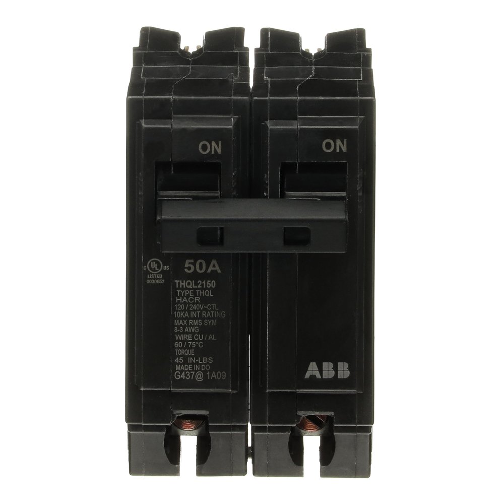ABB Q-Line THQL2150 50A Circuit Breaker 50 Amp Double Pole Breaker, 120/240 VAC, 10 kAIC Thermal Magnetic Trip Long-Time & Instantaneous Protection (LI) Plug-in Mount