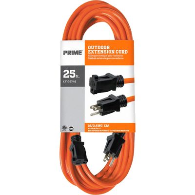 PRIME BRAND Extension Cord, General Use Indoor/Outdoor, 16 AWG, 3-Conductor Grounded, 25', Safety Orange