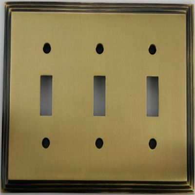 Deco Step Style Antique Brass 3 Gang Toggle Switch Wall Plate