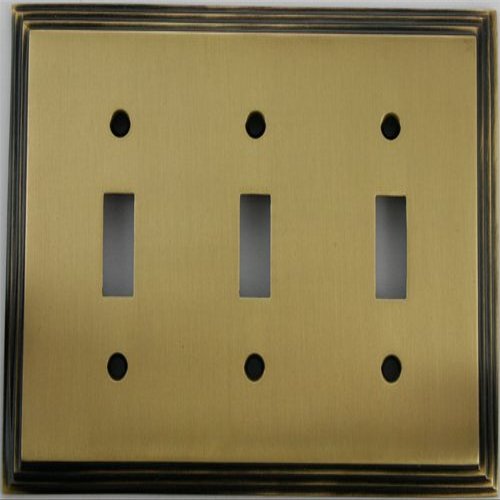 Deco Step Style Antique Brass 3 Gang Toggle Switch Wall Plate