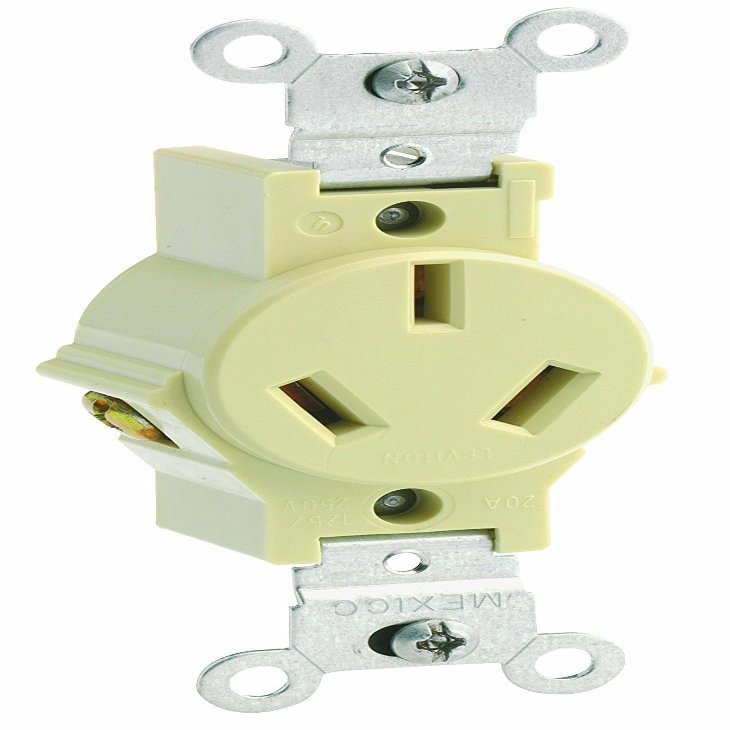 Leviton 20 Amp, 125/250 Volt, Narrow Body Single Receptacle, 5032-I, Ivory