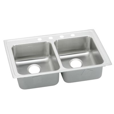Elkay LRADQ3319603 18 Gauge/33" x 19.5" x 6" Double Bowl Top Mount Kitchen 3 Faucet Holes Sink, Stainless Steel