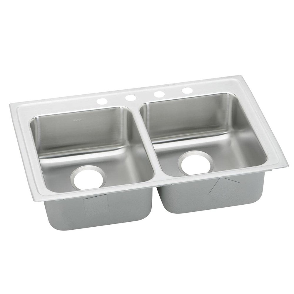 Elkay LRADQ3319603 18 Gauge/33" x 19.5" x 6" Double Bowl Top Mount Kitchen 3 Faucet Holes Sink, Stainless Steel