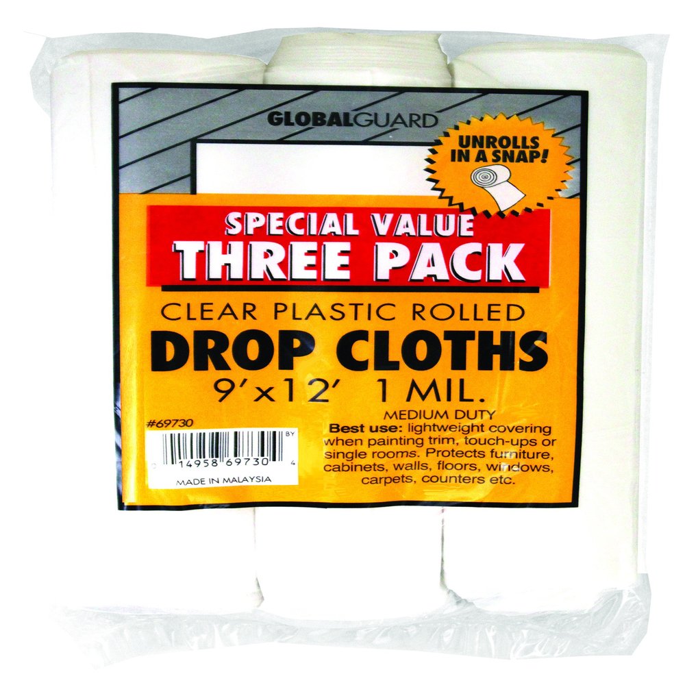 9' x 12' Premier Paint Roller 69730 Global Guard Plastic Dropcloth 1-Mil, 3-Pack
