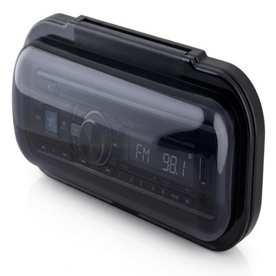 Pyle Water Resistant Marine Stereo Cover - Smoke Colored Heavy Duty Boat Radio Protector Shield with Flip-up Door & Spring Loaded Release - Mounting Gasket Included - Pyle PLMRCB1