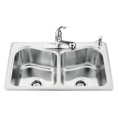 KOHLER Staccato 33" Top Mount Kitchen Sink, Stainless Steel Kitchen Sink with Double-Equal Bowl and 4 Faucet Holes, K-3369-4-NA
