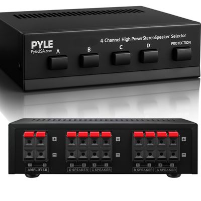 Pyle 4-Zone Speaker Selector Switch - Premium Distribution Hub with A/B/C/D Switches for Multi-Channel High-Power Amp Installations - Supports up to 4 Pairs of Switched Speakers - PSS4