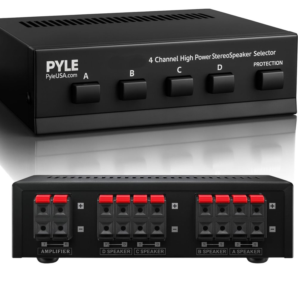 Pyle 4-Zone Speaker Selector Switch - Premium Distribution Hub with A/B/C/D Switches for Multi-Channel High-Power Amp Installations - Supports up to 4 Pairs of Switched Speakers - PSS4