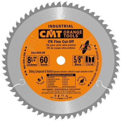 CMT 253.060.08 ITK Industrial Finish Sliding Compound Miter Saw Blade, 8-1/2-Inch x 60 Teeth 1FTG+2ATB Grind with 5/8-Inch Bore