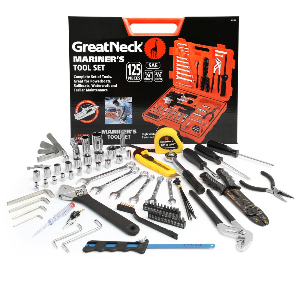 Great Neck MS125 125 Piece Marine Tool Set, Gifts for Men, Dad Gifts, High Visibility, Water-Resistant Boat Tool Box Case, Anti-Rust Chrome-Plated Boat Supplies And Accessories