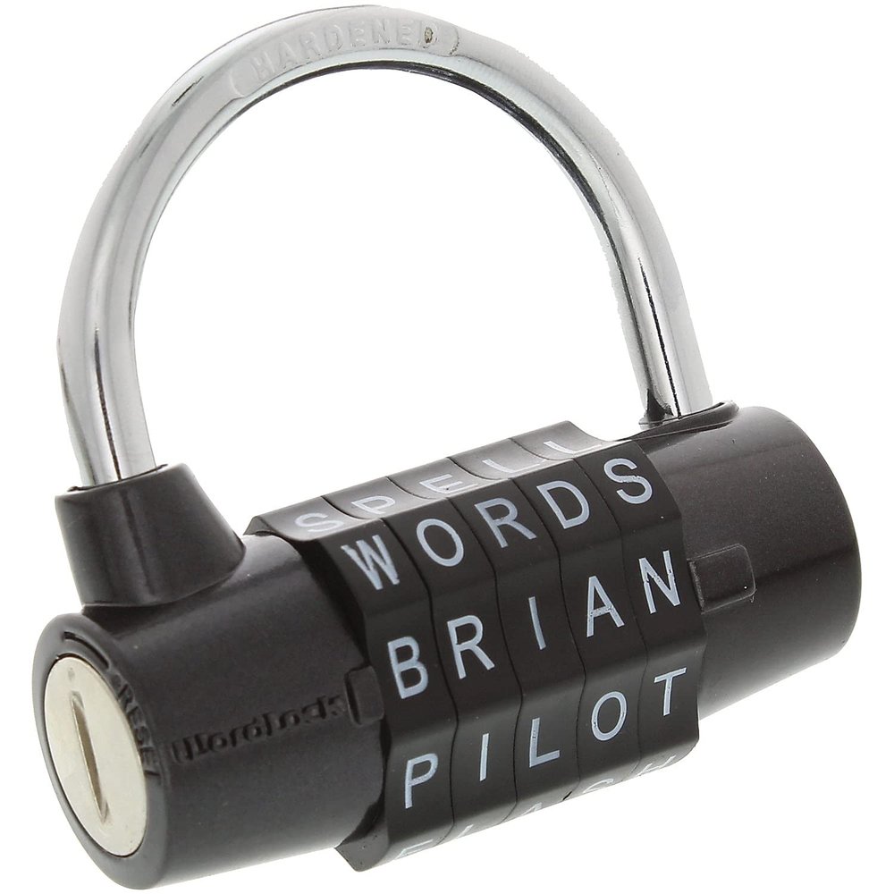 WordLock 63-millimeter Resettable Choose Your Own Word 5-dial Hardened Steel Shackle Combination Padlock - 100,000 Choices, Black | 128276
