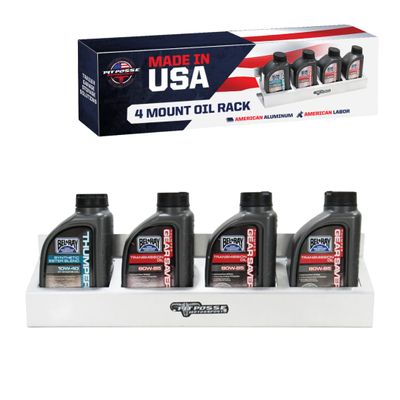 Pit Posse 305 Four Quart Oil Can Rack Holder 23" Caddy Wall Hanger Aluminum Shelf - Made in USA - Holds 4 Quarts of Motor Engine Oil - Enclosed Race Trailer Shop Garage Storage Organizer (Silver)