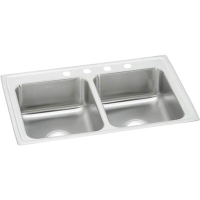 Elkay PSR33214 20 Gauge Stainless Steel 33" x 21.25" x 7.5" Double Bowl Top Mount Kitchen Sink, Bright Satin
