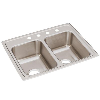 Elkay LR25194 4 Hole Gourmet Lustertone 25" x 19-1/2" Double Basin Top-Mount Kitchen Sink, Stainless Steel