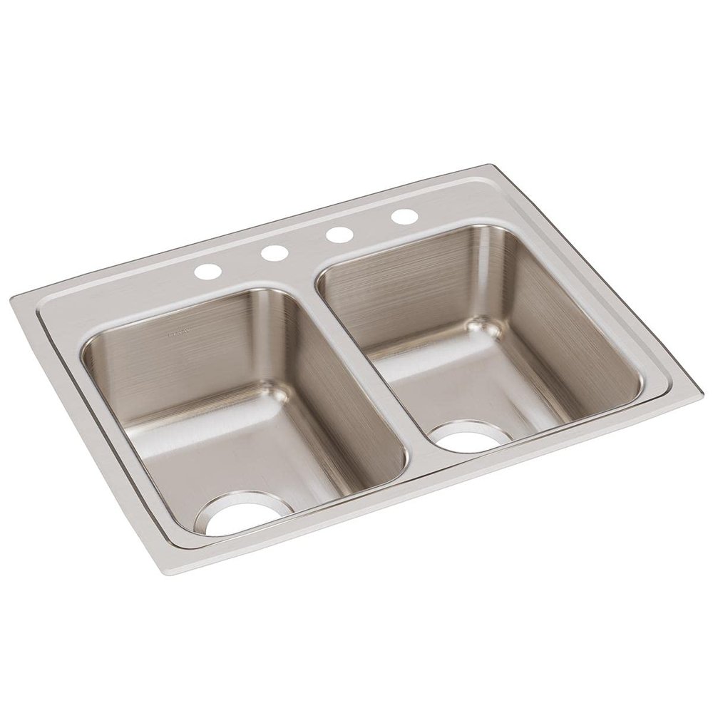 Elkay LR25194 4 Hole Gourmet Lustertone 25" x 19-1/2" Double Basin Top-Mount Kitchen Sink, Stainless Steel