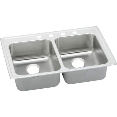 Elkay LRADQ3321652 Lustertone 33" x 21-1/4" x 6-1/2" Equal Double Bowl Top Mount ADA Sink, Stainless Steel