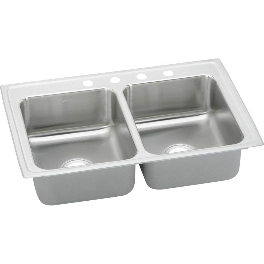 Elkay DLR2519104 18 Gauge Double Bowl Top Mount Kitchen 4Hole Sink, 25" x 19.5" x 10.125", Stainless Steel