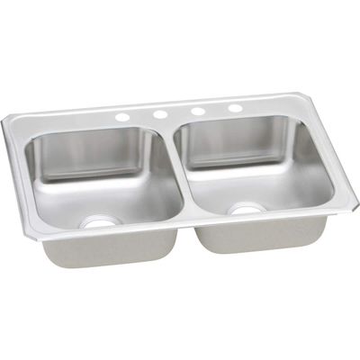Elkay CR33222 20 Gauge Double Bowl Top Mount Kitchen 2 Hole Sink, 33" x 22" x 7", Stainless Steel