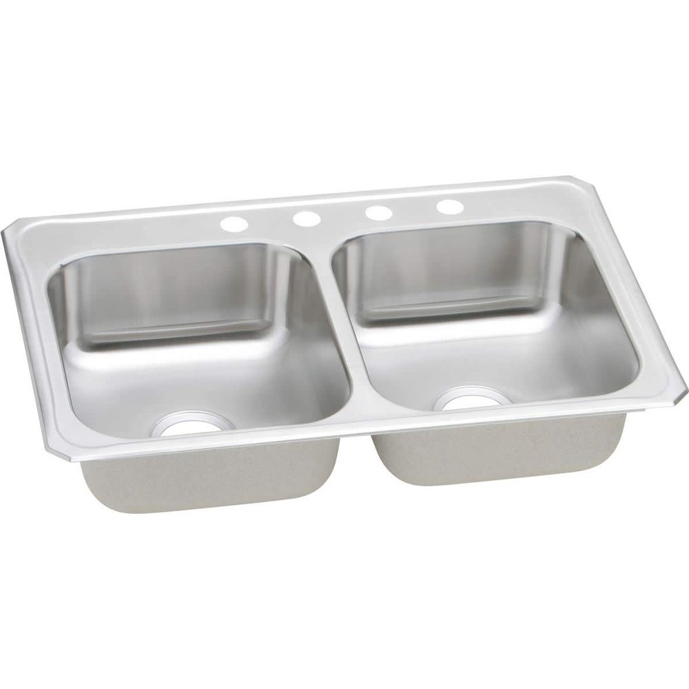 Elkay CR33222 20 Gauge Double Bowl Top Mount Kitchen 2 Hole Sink, 33" x 22" x 7", Stainless Steel