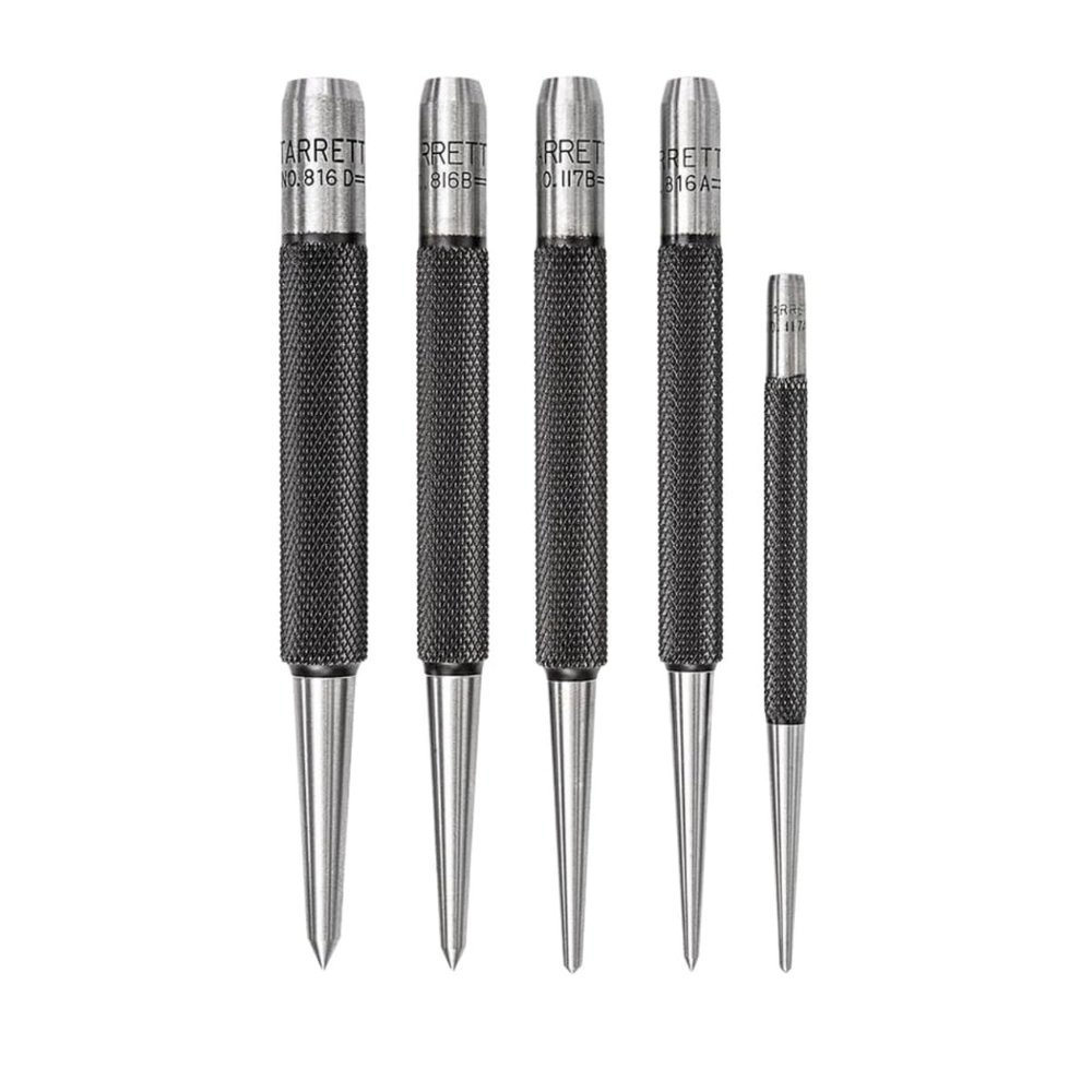 Starrett Steel Prick Punch Set with Plastic Case and Knurled Grip for Precise Positioning and Secure Holding - Hardened and Tempered Steel, 4" Length - 5-Pack - S816PC