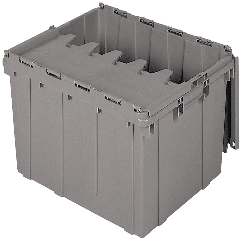 Akro-Mils 39175 Industrial Plastic Storage Tote with Hinged Attached Lid, (21.5-Inch L by 15-Inch W by 17-Inch H), Gray, (4-Pack)