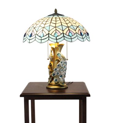 FixtureDisplays Tiffany Style Peacock Desktop Lamp 16-Inch Shade15720