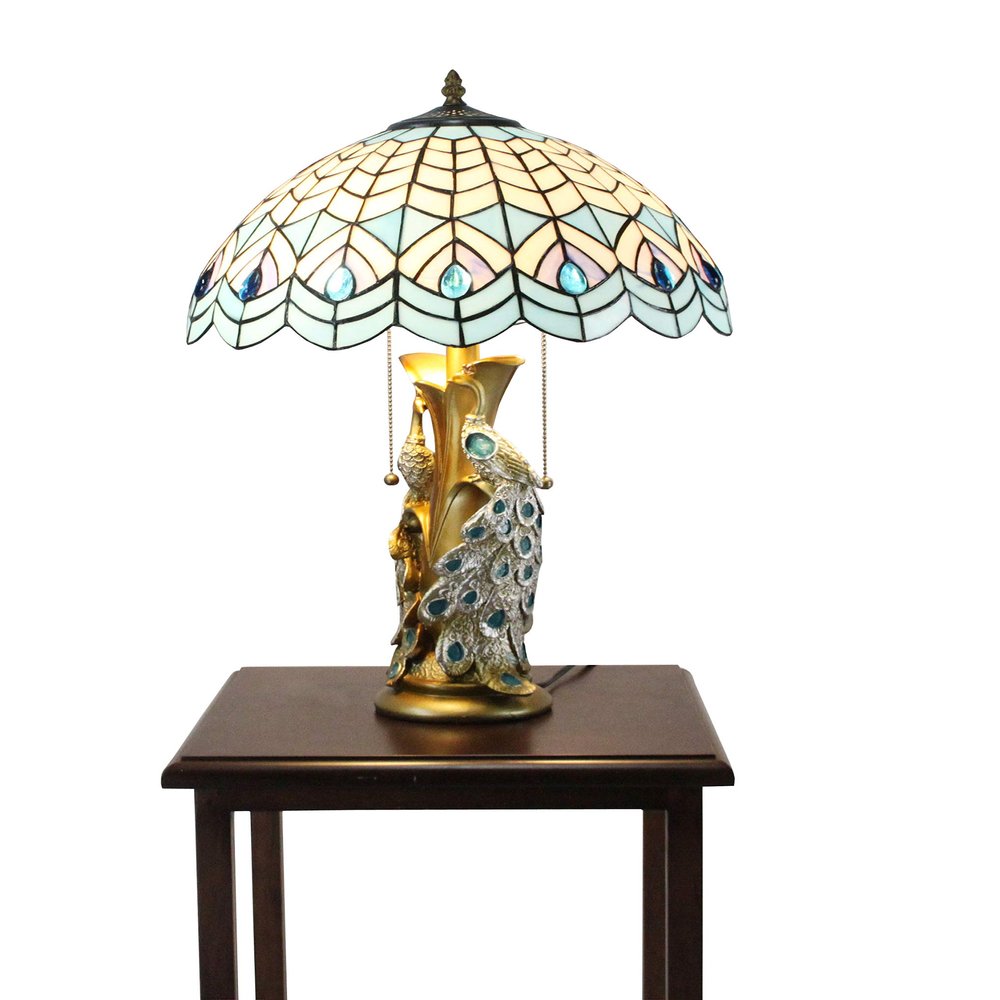 FixtureDisplays Tiffany Style Peacock Desktop Lamp 16-Inch Shade15720