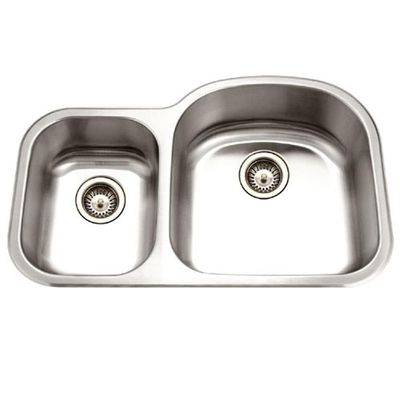 Houzer Medallion Designer Stainless Steel Kitchen Sink: 32 Inch Undermount 70/30 Double Small Left Bowl Sink with Strainers & Colander, Durable & Versatile, Essential for Home & Apartment: MC-3210SL-1