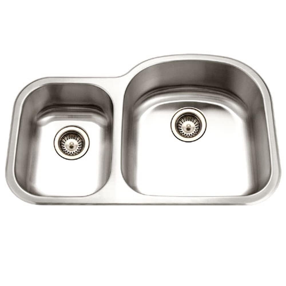 Houzer Medallion Designer Stainless Steel Kitchen Sink: 32 Inch Undermount 70/30 Double Small Left Bowl Sink with Strainers & Colander, Durable & Versatile, Essential for Home & Apartment: MC-3210SL-1