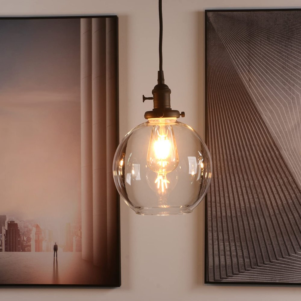 Pathson Black Pendant Light with Globe Round Glass Shade, Metal Base Cap and Adjustable Textile Cord, Industrial Style Retro Hanging Lamps for Dining Room Kitchen Island