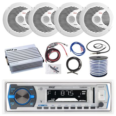 Pyle 16-25' Bay Boat Bluetooth Marine Stereo Receiver, 4 x 150W 6.5'' Marine Speakers (White), 4 Channel Waterproof Amplifier, Amp Install Kit, 18 Gauge 50 FT Speaker Wire, Antenna