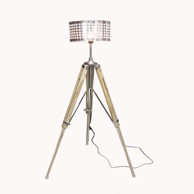 THOR INSTRUMENTS Designer Timber Teak Wood Natural Tripod Floor Stand Lamp with Designer Chrome Shade Lamp Rustic Vintage Home Decor Gifts