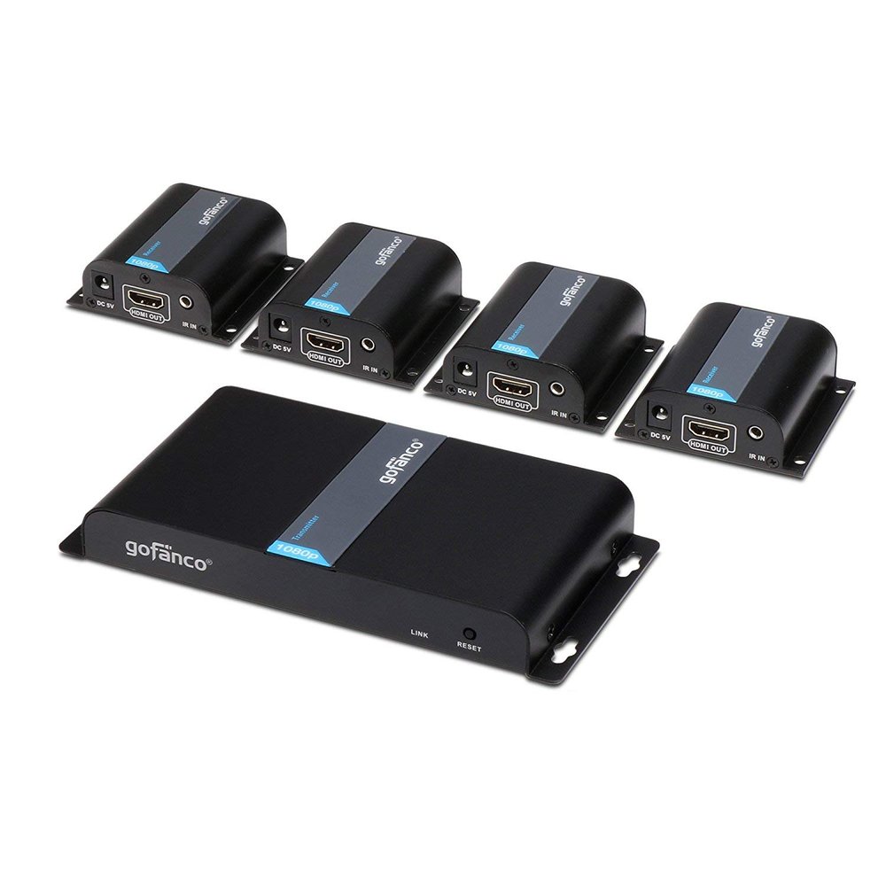 gofanco 1080p 1x4 4 Port HDMI Extender Splitter Over CAT5e/CAT6/CAT7 Ethernet Cable  IR Extension, Up to 40m (130ft) at 1080p 60Hz, 1 in 4 Out (HDMIExt4P)