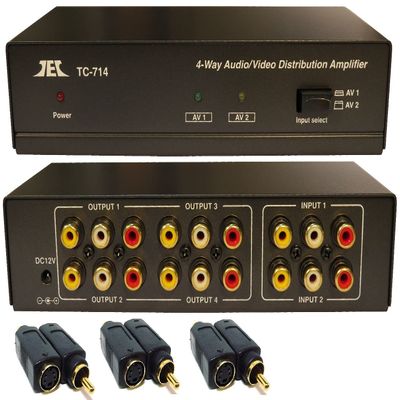 2 in x 4 Out Composite RCA S-Video, Audio Distribution Amplifier Amp Splitter Matrix Distributor