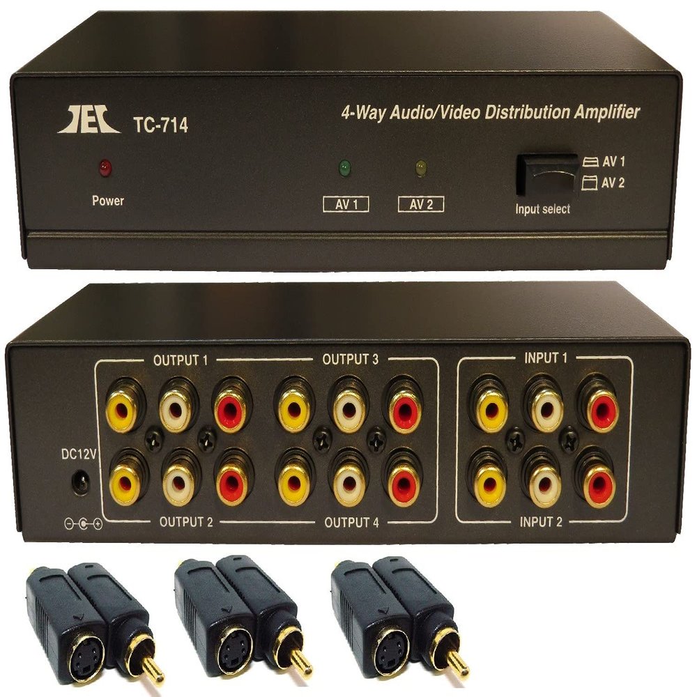 2 in x 4 Out Composite RCA S-Video, Audio Distribution Amplifier Amp Splitter Matrix Distributor