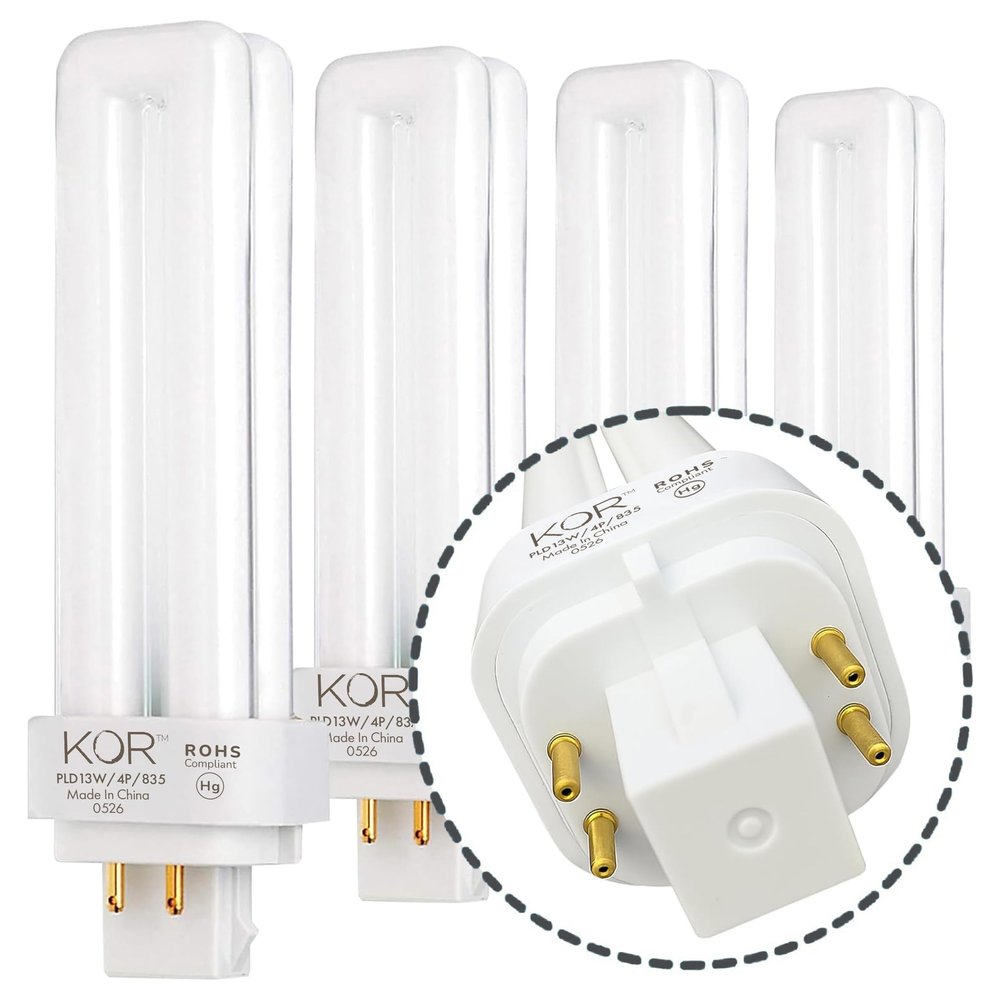 KOR 13W Double Tube CFL Bulbs, G24Q-1 4-Pin, 3500K Neutral White, 4 Pack